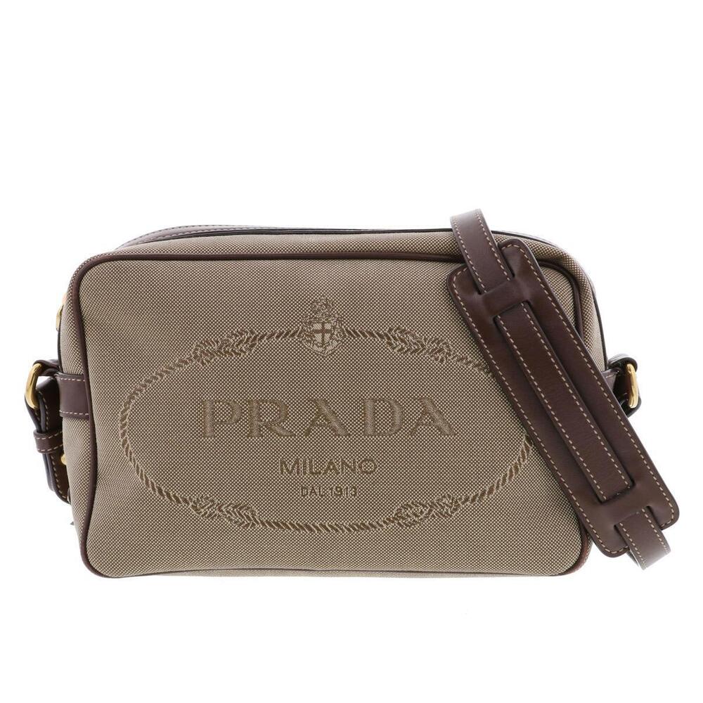 PRADA Jacquard Shoulder Bag Canvas Leather Brown Messenger